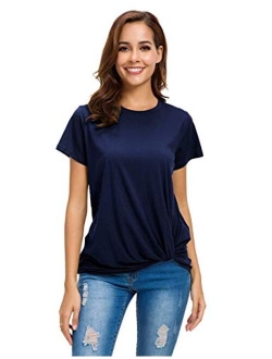 LUSMAY Womens Short Sleeve Loose Twist Knot Front T Shirts Cotton Casual Blouse