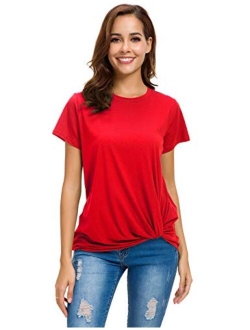 LUSMAY Womens Short Sleeve Loose Twist Knot Front T Shirts Cotton Casual Blouse