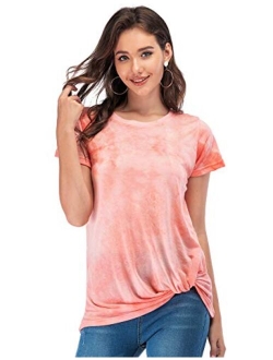 LUSMAY Womens Short Sleeve Loose Twist Knot Front T Shirts Cotton Casual Blouse