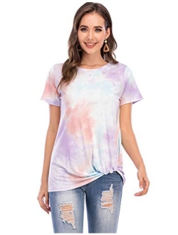 LUSMAY Womens Short Sleeve Loose Twist Knot Front T Shirts Cotton Casual Blouse