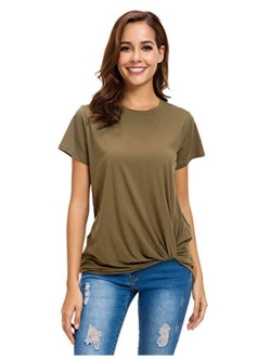 LUSMAY Womens Short Sleeve Loose Twist Knot Front T Shirts Cotton Casual Blouse