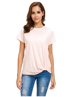 LUSMAY Womens Short Sleeve Loose Twist Knot Front T Shirts Cotton Casual Blouse