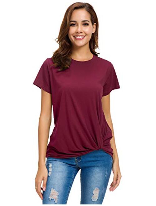 LUSMAY Womens Short Sleeve Loose Twist Knot Front T Shirts Cotton Casual Blouse