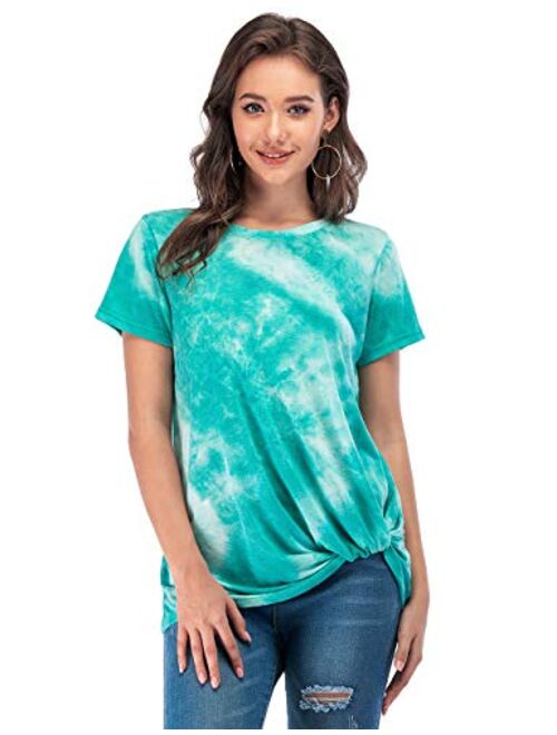 LUSMAY Womens Short Sleeve Loose Twist Knot Front T Shirts Cotton Casual Blouse