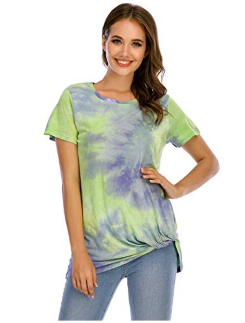 LUSMAY Womens Short Sleeve Loose Twist Knot Front T Shirts Cotton Casual Blouse