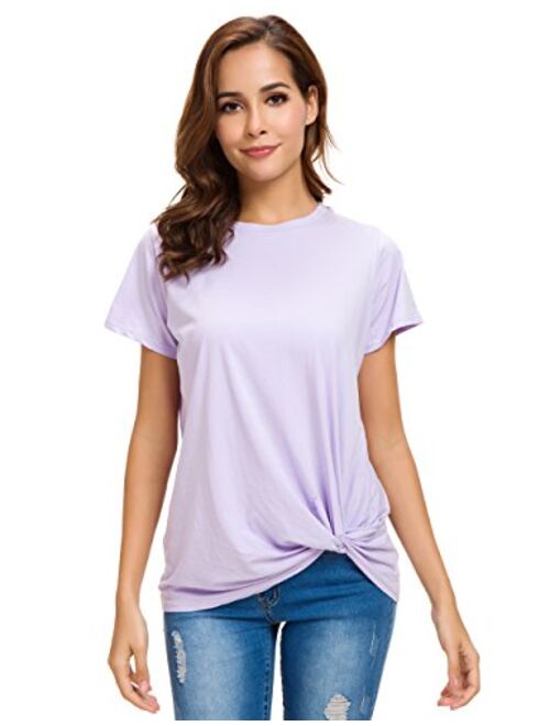 LUSMAY Womens Short Sleeve Loose Twist Knot Front T Shirts Cotton Casual Blouse