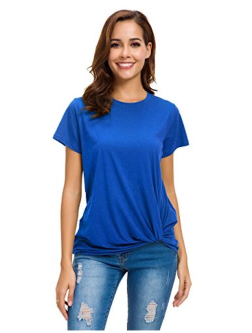 LUSMAY Womens Short Sleeve Loose Twist Knot Front T Shirts Cotton Casual Blouse