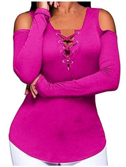 Imagine Women Plus Size Long Sleeve Solid Button Down V Neck Tee Shirts Tops