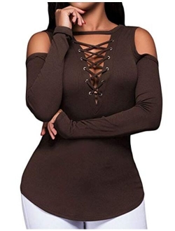 Imagine Women Plus Size Long Sleeve Solid Button Down V Neck Tee Shirts Tops