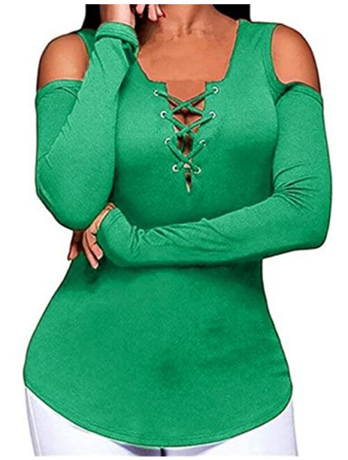 Imagine Women Plus Size Long Sleeve Solid Button Down V Neck Tee Shirts Tops