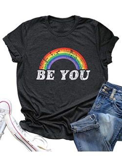 Pride Shirt Women Rainbow Graphic Tees Funny Be You Letter Print T Shirt LGBT Equality Shirts Casual Short Sleeve Tops