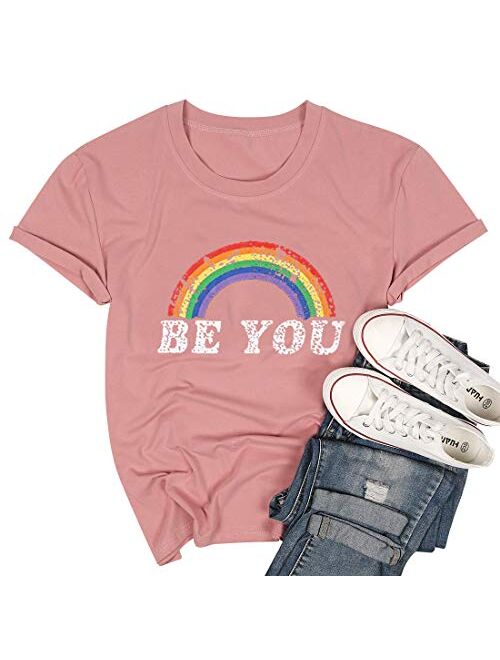 Pride Shirt Women Rainbow Graphic Tees Funny Be You Letter Print T Shirt LGBT Equality Shirts Casual Short Sleeve Tops