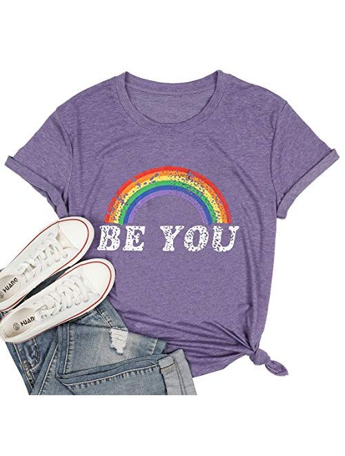 Pride Shirt Women Rainbow Graphic Tees Funny Be You Letter Print T Shirt LGBT Equality Shirts Casual Short Sleeve Tops