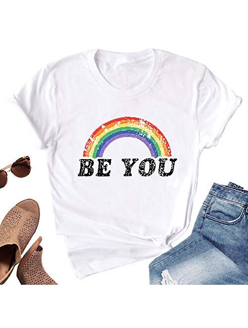 Pride Shirt Women Rainbow Graphic Tees Funny Be You Letter Print T Shirt LGBT Equality Shirts Casual Short Sleeve Tops