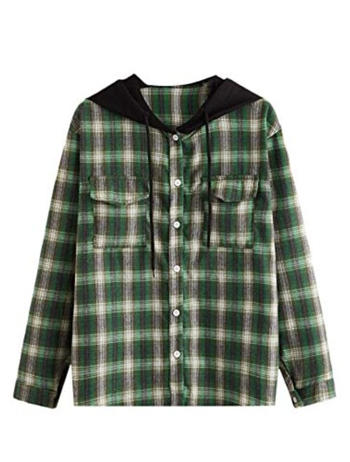 SweatyRocks Women's Long Sleeve Plaid Hoodie Jacket Button Down Blouse Tops