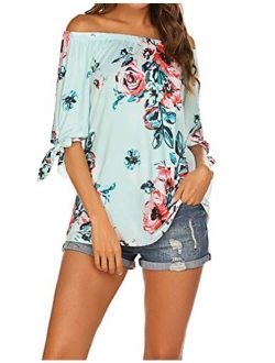 Qearal Women Off Shoulder Blouses 3/4 Sleeve Floral Print Tops