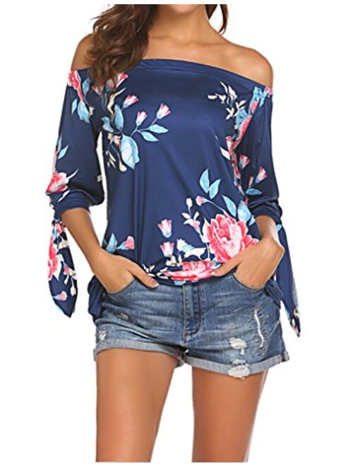 Qearal Women Off Shoulder Blouses 3/4 Sleeve Floral Print Tops