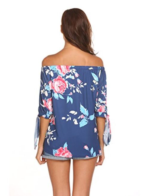 Qearal Women Off Shoulder Blouses 3/4 Sleeve Floral Print Tops