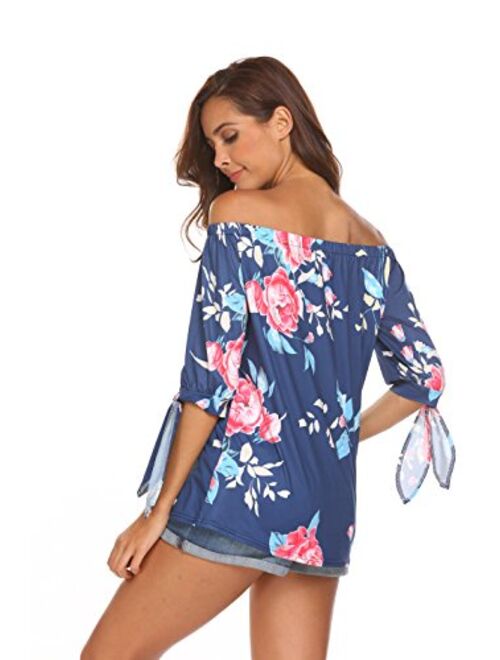 Qearal Women Off Shoulder Blouses 3/4 Sleeve Floral Print Tops