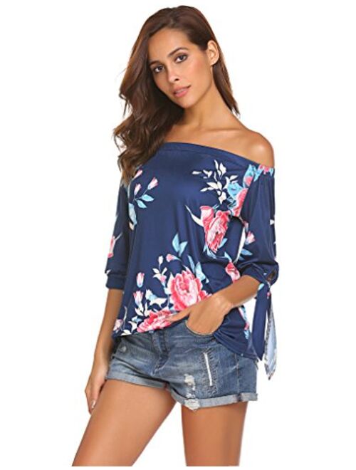 Qearal Women Off Shoulder Blouses 3/4 Sleeve Floral Print Tops