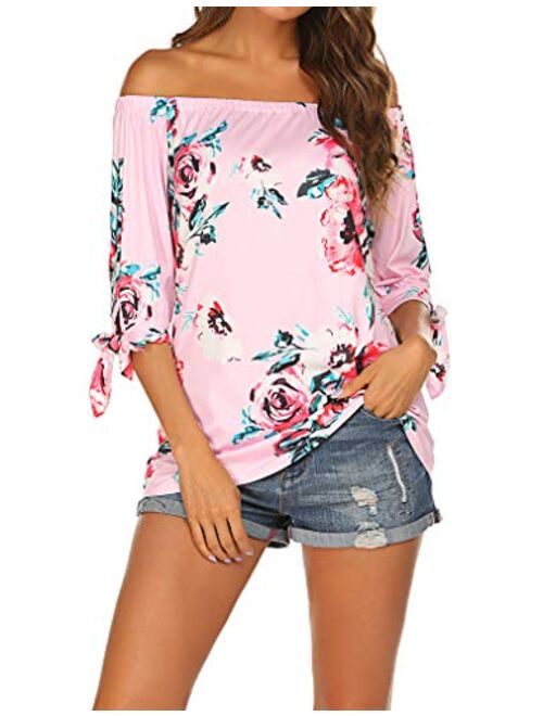 Qearal Women Off Shoulder Blouses 3/4 Sleeve Floral Print Tops