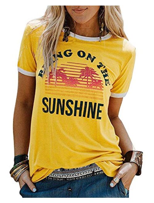 YEXIPO Womens Bring On The Sunshine T-Shirt Graphic Tees Letter Printed Loose Casual Summer Funny Tops