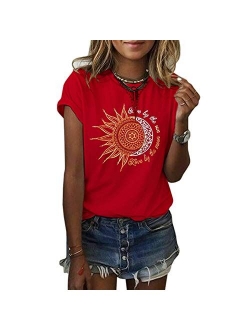 MaQiYa Womens Graphic Tees Summer Vintage Short Sleeve Cotton Moon and Sun Printed T Shirts Tops