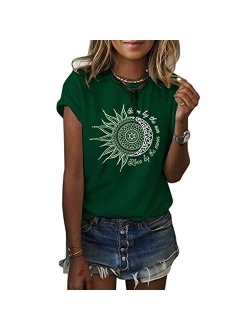 MaQiYa Womens Graphic Tees Summer Vintage Short Sleeve Cotton Moon and Sun Printed T Shirts Tops