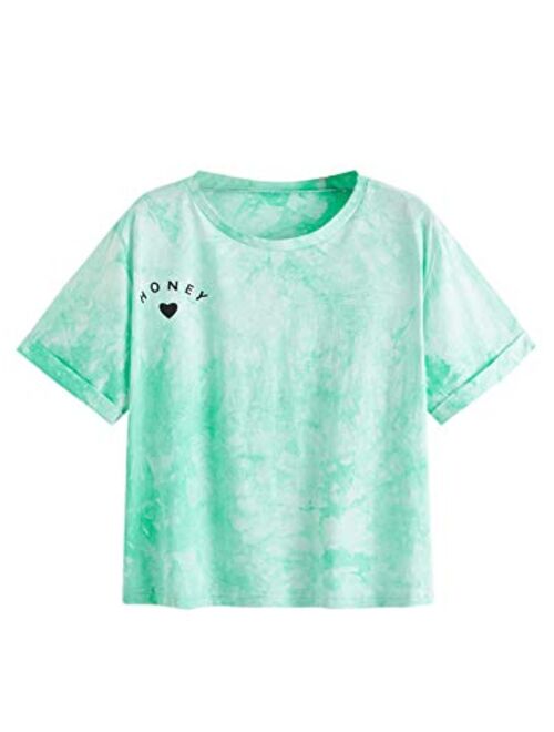 SweatyRocks Women's Tie Dye T-Shirt Rolled Short Sleeve Crop Tops