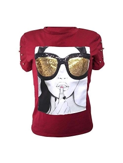 Women's Casual Sequined Red Tongue T-Shirt Funny Lips Graphic Short Sleeve O-Neck Tie Tops Glod Beads
