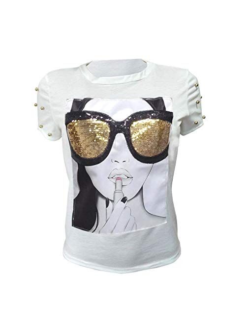 Women's Casual Sequined Red Tongue T-Shirt Funny Lips Graphic Short Sleeve O-Neck Tie Tops Glod Beads