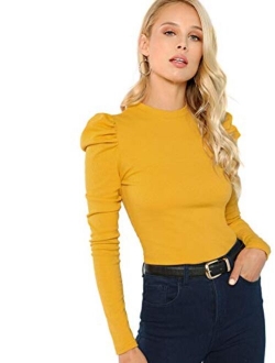 Women's Solid Puff Sleeve Crew Neck Casual T Shirt Top