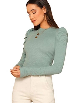 Women's Solid Puff Sleeve Crew Neck Casual T Shirt Top