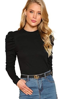 Women's Solid Puff Sleeve Crew Neck Casual T Shirt Top