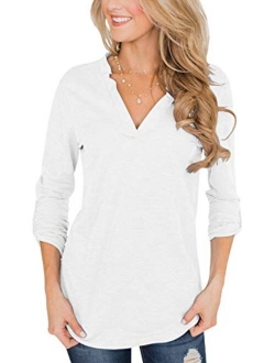 Topstype Womens 3/4 Roll Up Sleeve Tops V Neck Tee Casual Daily Ritual Henley Shirts