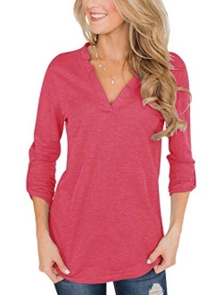 Topstype Womens 3/4 Roll Up Sleeve Tops V Neck Tee Casual Daily Ritual Henley Shirts