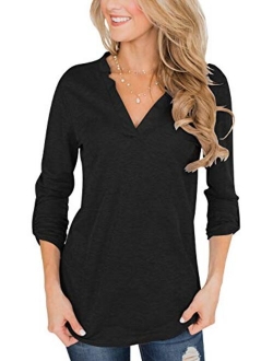 Topstype Womens 3/4 Roll Up Sleeve Tops V Neck Tee Casual Daily Ritual Henley Shirts