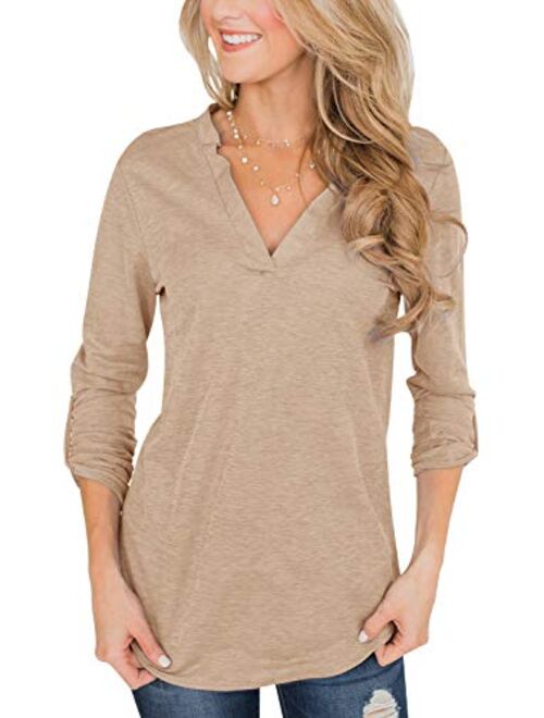 Topstype Womens 3/4 Roll Up Sleeve Tops V Neck Tee Casual Daily Ritual Henley Shirts