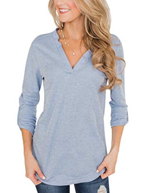 Topstype Womens 3/4 Roll Up Sleeve Tops V Neck Tee Casual Daily Ritual Henley Shirts