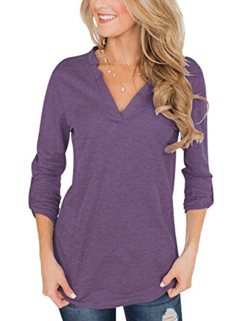 Topstype Womens 3/4 Roll Up Sleeve Tops V Neck Tee Casual Daily Ritual Henley Shirts