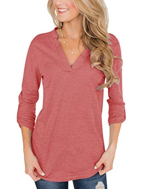 Topstype Womens 3/4 Roll Up Sleeve Tops V Neck Tee Casual Daily Ritual Henley Shirts