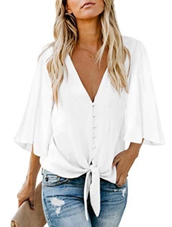 Biucly Women's V Neck Tops 3/4 Sleeve & Short Sleeve Chiffon Casual Tie Knot Blouses Button Down Shirts(S-2XL)