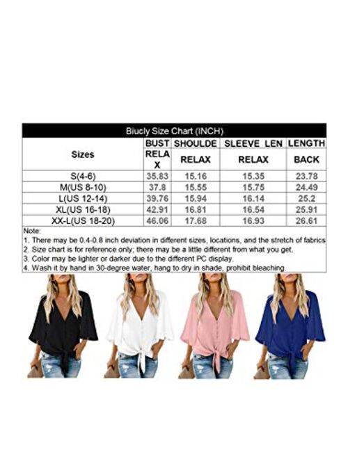 Biucly Women's V Neck Tops 3/4 Sleeve & Short Sleeve Chiffon Casual Tie Knot Blouses Button Down Shirts(S-2XL)