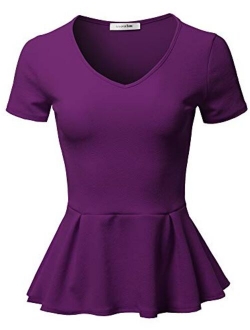 SSOULM Women's Classic Stretchy Short Sleeve Flare Peplum Blouse Top with Plus Size