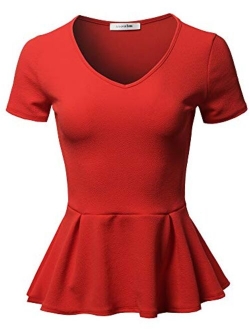 SSOULM Women's Classic Stretchy Short Sleeve Flare Peplum Blouse Top with Plus Size