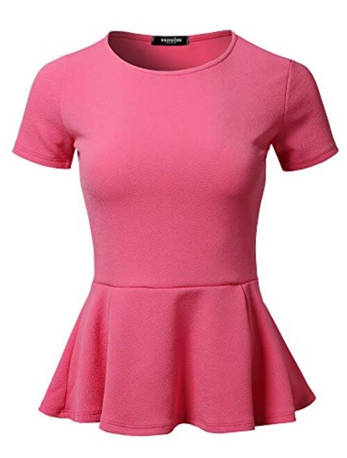 SSOULM Women's Classic Stretchy Short Sleeve Flare Peplum Blouse Top with Plus Size