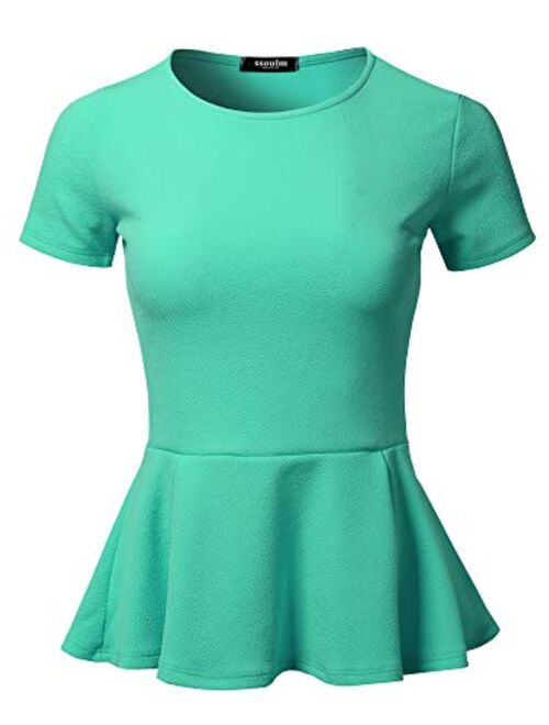 SSOULM Women's Classic Stretchy Short Sleeve Flare Peplum Blouse Top with Plus Size