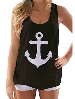 Yanekop Women Boat Anchor Print Sleeveless Bowknot Tank Tops Vest Blouse Shirts