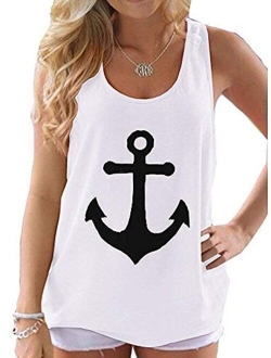 Yanekop Women Boat Anchor Print Sleeveless Bowknot Tank Tops Vest Blouse Shirts