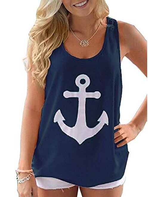 Yanekop Women Boat Anchor Print Sleeveless Bowknot Tank Tops Vest Blouse Shirts